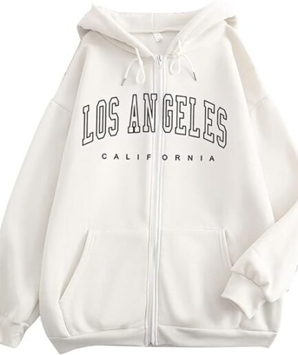Los Angeles White Hoodie with Hood Full Zipper